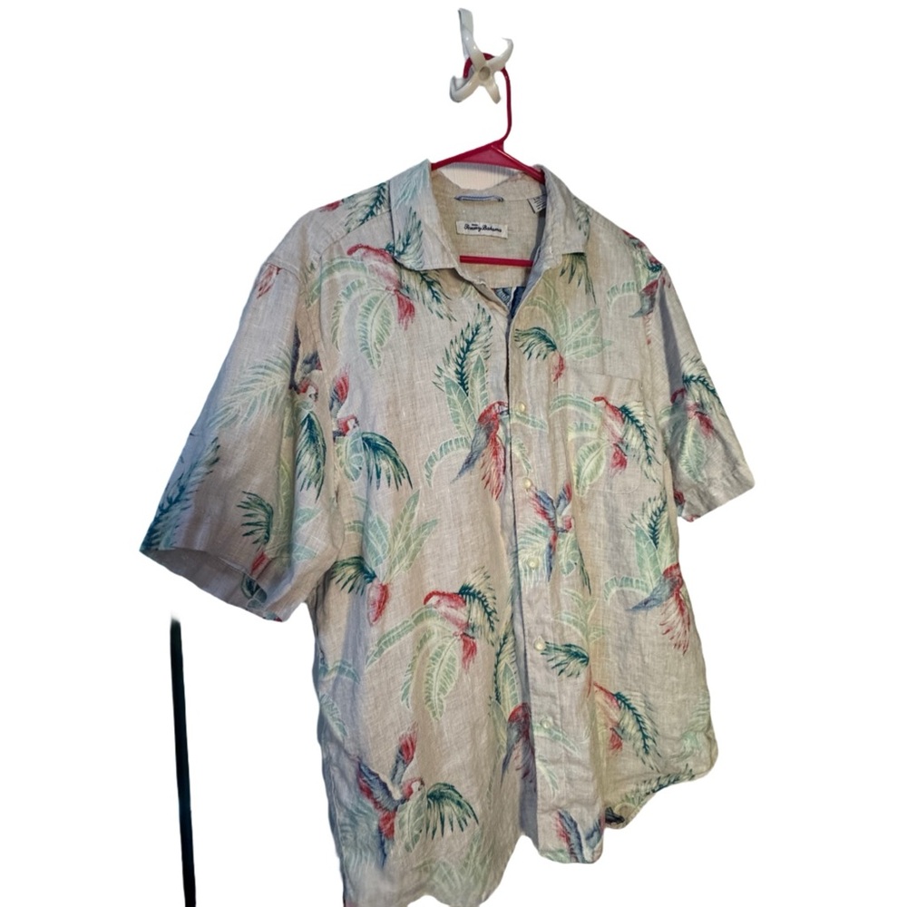 Tommy Bahama Reverse Print Linen Parrot Shirt 🌴 Tropical Beach Resort L